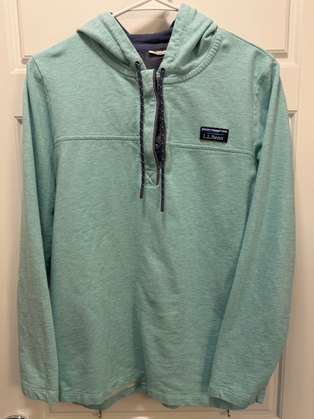 L.L.Bean Pullover Hoodie Womens Large Aqua Half Button Sweatshirt Hooded